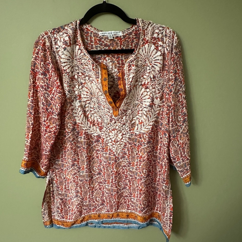 Gretchen Scott Womens Embroidered Paisley Tunic Top Coral Orange Blue Small